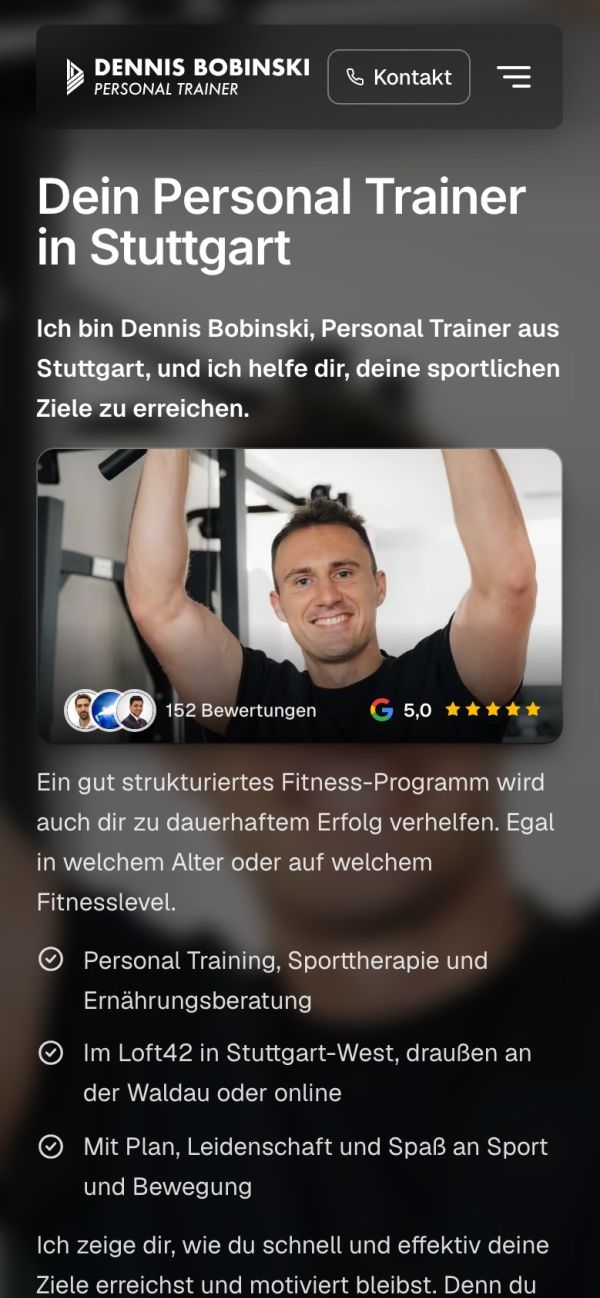 Website von Personal Trainer Dennis Bobinski auf dem Smartphone (Screenshot)