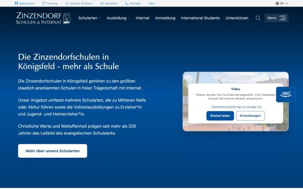 Website der Zinzendorfschulen Königsfeld – Startseite (Screenshot)